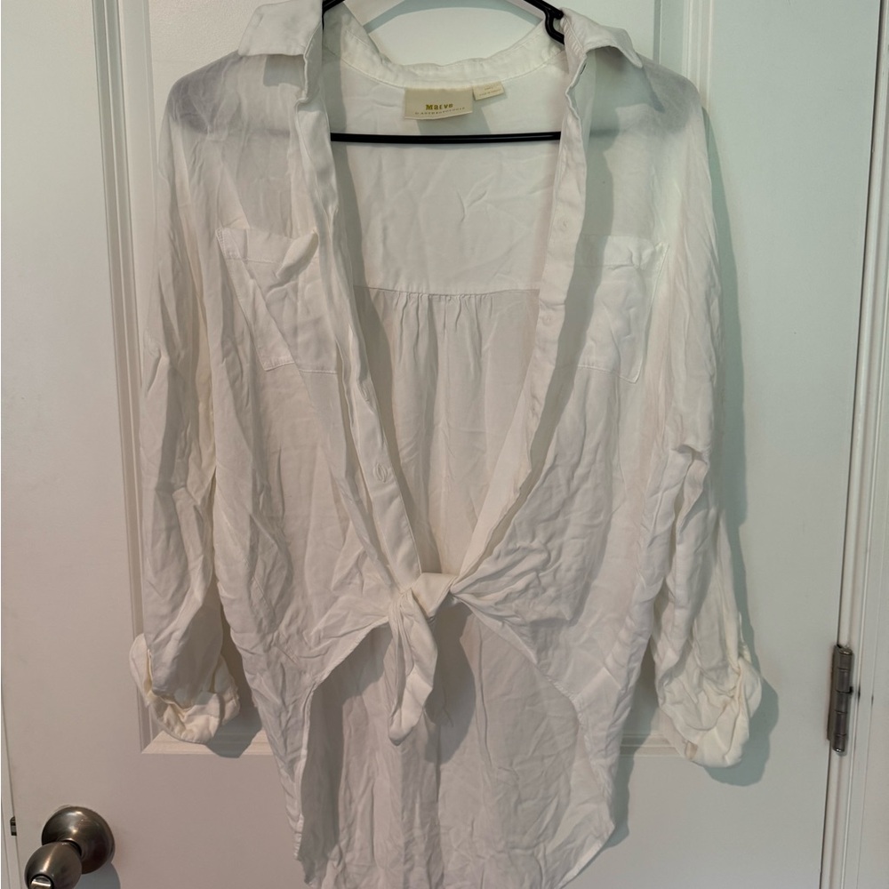 Maeve Cream Button Down Shirt with 3/4 Sleeves and Tie Front